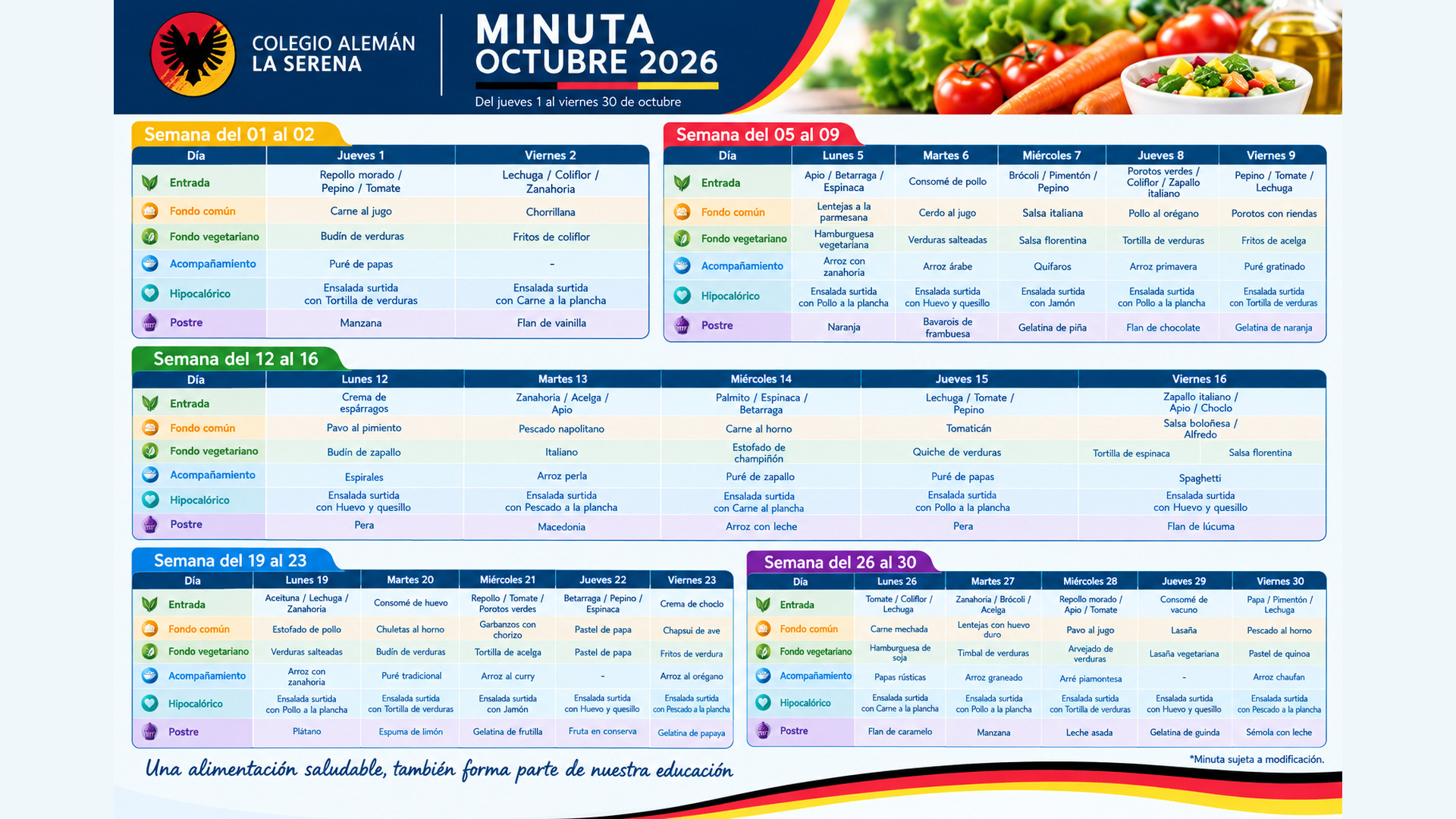 Minuta de alimentación octubre 2026